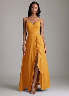 Azazie Naeem Bridesmaid Dresses Butterscotch A-Line V-Neck Ruffle Chiffon Dress image1