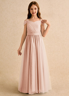 Azazie Yuna Girls Formal Jurken voor bloemenmeisjes A-Lijn Jurk van Tule Off the Shoulder Engelse Roos image6