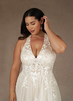 Azazie Dysis Wedding Dresses Diamond White Champagne A-Line Halter Sequins Tulle Dress image11