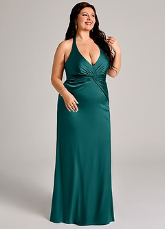 Azazie Valerie Vestidos de damas de honor Vestido de Pavo Real de Satén Elástico de Corte Sirena con Plisado image4