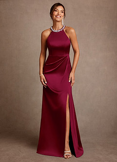 Azazie Lawrence Mother of the Bride Dresses Burgundy A-Line Pleated Stretch Satin Dress image1