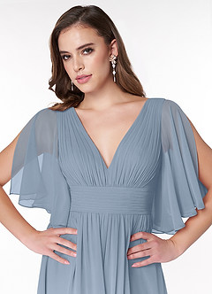 Azazie Temeka Bridesmaid Dresses Dusty Blue A-Line Ruched Chiffon Dress image6