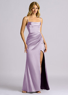 Azazie Auden Bridesmaid Dresses Frosted Lilac Sheath Off the Shoulder Stretch Satin Convertible Dress image3