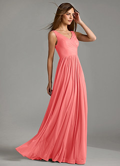 Azazie Keyla Bridesmaid Dresses Coral A-Line Pleated Mesh Dress image6