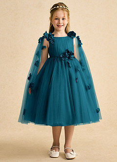 Azazie Staria Flower Girl Dresses Ink Blue Ball-Gown Ruched Tulle Dress image6