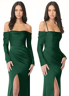 Azazie Hallie Bridesmaid Dresses Dark Green Sheath Off-The-Shoulder Long Sleeve Stretch Satin Convertible Dress image9