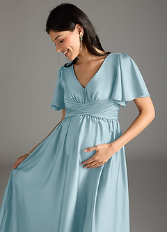 Azazie Verna Maternity Bridesmaid Dresses A-Line Ruched Stretch Satin Floor-Length Dress image1