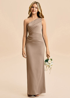 Azazie Akilah Junior Taupe Sheath Pleated Stretch Satin Dress image1