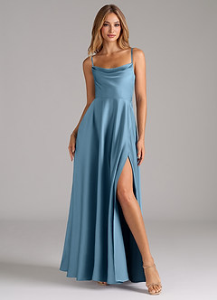 Azazie Elle Bridesmaid Dresses Steel Blue A-Line Pleated Stretch Satin Dress image4