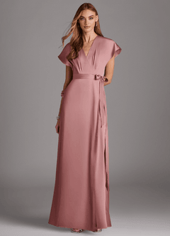 Azazie Nico Robes de demoiselle d'honneur Robe Trapèze en Satin extensible Col en V Rose Poussiéreuse image1