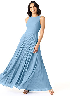 Azazie Lindie Bridesmaid Dresses Steel Blue A-Line Scoop Pleated Chiffon Dress image3