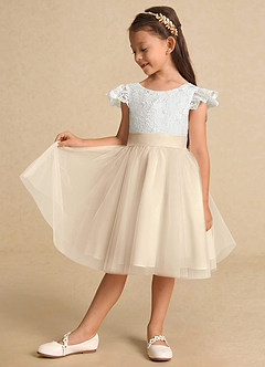 Azazie Vetty Flower Girl Dresses Ivory Champagne A-Line Lace Tulle Dress image4
