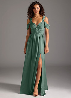 Azazie Lianne Bridesmaid Dresses Eucalyptus A-Line Off the Shoulder Stretch Satin Dress image8