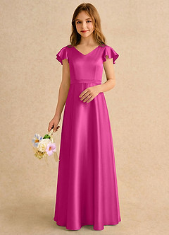 Azazie Nari Girls Formal Robe Demoiselle D'honneur Fillette Robe Trapèze en Satin extensible avec manches Fuchsia image3