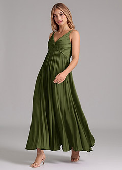Azazie Raychelle Bridesmaid Dresses Olive A-Line Pleated Stretch Satin Dress image6