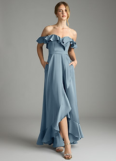 Azazie Lyra Bridesmaid Dresses Dusty Blue A-Line Off the Shoulder Stretch Satin Convertible Dress image6