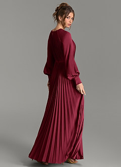 Azazie Grayson Kleider zum Anprobieren zu Hause A-Linie Langarm Stretch-Satin Kleid Burgunderrot image5