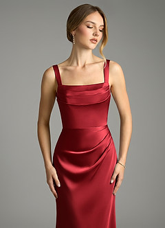 Azazie Alouette Bridesmaid Dresses Scarlet Mermaid Pleated Stretch Satin Dress image5
