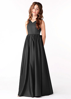 Azazie Hathaway Junior Black A-Line Bow Stretch Satin Dress image3