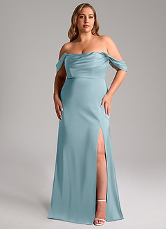 Azazie Saige Vestidos de damas de honor Vestido de Azul Malhumorado de Satén Elástico de Corte Recto con Vestidos sin tirantes image11