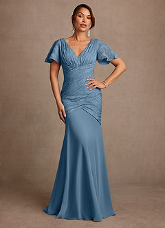 Azazie Jolene Mother of the Bride Dresses Steel Blue Mermaid Pleated Floral Burnout Dress image1