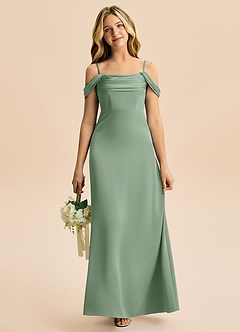 Azazie Lettie Junior Matcha A-Line Off the Shoulder Stretch Satin Dress image2