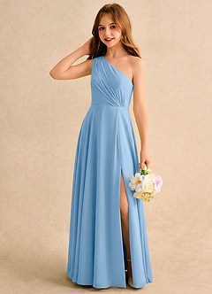 Azazie Puddles Girls Formal Robe Demoiselle D'honneur Fillette Robe Trapèze en Mousseline de soie Une épaule Poudre Bleue image3