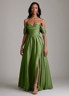 Azazie Loisa Abiti da Damigella Abito A-Line in Raso Elasticizzato a Spalla Scoperta Ginepro image7