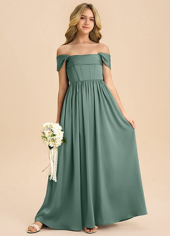 Azazie Hattie Junior Abito A-Line in Raso Elasticizzato Plissettato Eucalipto image3