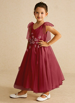 Azazie Minia Flower Girl Dresses Pomegranate A-Line Bow Matte Satin Dress image5