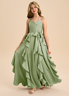 Azazie Peyton Junior A라인 주름진 스트레치 새틴 플로어 길이 주니어 신부 들러리 드레스 image5