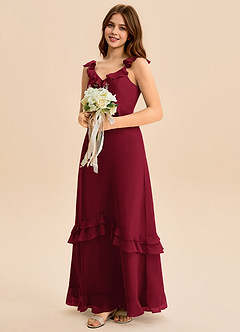 Azazie Tavie Junior Burgundy A-Line Ruched Chiffon Dress image4