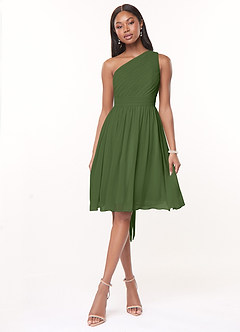 Azazie Katrina Robes de demoiselle d'honneur Robe Trapèze en Mousseline de soie Ue épaule Olive image1