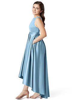 Azazie Inaya Junior Steel Blue A-Line with Belt Stretch Satin Dress image3