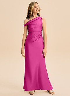 Azazie Emerson Junior Fuchsia Sheath Off the Shoulder Stretch Satin Dress image3