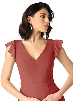 Azazie Claudine Bridesmaid Dresses Terracotta A-Line Flutter Sleeve Chiffon Dress image4