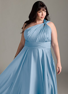 Azazie Charlize Abiti da Damigella Abito A-Line in Raso Elasticizzato Monospalla Azzurro Polvere image15