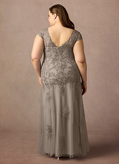 Azazie Romy Mother of the Bride Dresses Taupe Mermaid V-Neck Sequins Tulle Dress image8