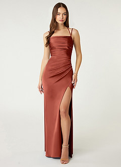 Azazie Desi Bridesmaid Dresses Terracotta Sheath Halter Corset Stretch Satin Dress image1
