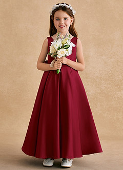 Azazie Honey Bear Flower Girl Dresses Burgundy A-Line Pleated Matte Satin Dress image3