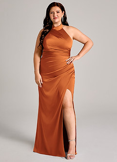 Azazie Jemma Jurken voor bruidsmeisjes Jurk van Stretch Satijn met Kolom Geplooid Kaneel image10