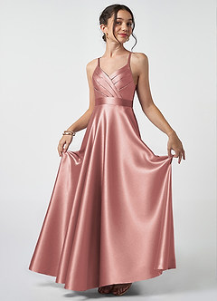 Azazie Avelina Junior Dusty Rose A-Line Pleated Metallic Satin Dress image1