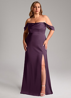 Azazie Saige Bridesmaid Dresses Plum Sheath Off the Shoulder Stretch Satin Dress image11
