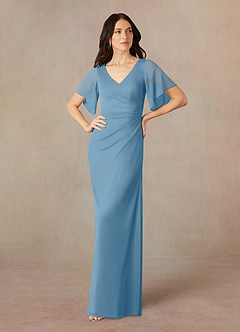 Azazie Selah Mother of the Bride Dresses Steel Blue A-Line V-Neck ruched Mesh Dress image1