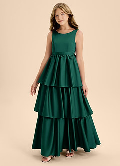 Azazie Meadowyn Junior Vestido de Esmeralda de Satén Elástico de Corte En A con Lazo image4