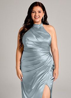 Azazie Jemma Bridesmaid Dresses Dusty Blue Sheath Pleated Metallic Satin Dress image12