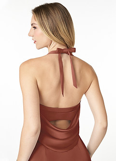 Azazie Myla Bridesmaid Dresses Auburn Sheath Cowl Keyhole Stretch Satin Dress image5