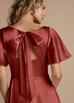 Azazie Kimber Bridesmaid Dresses Terracotta A-Line Ruched Metallic Satin Dress image2