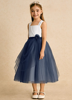 Azazie Bonny Flower Girl Dresses Ivory Dark Navy Ball-Gown Pleated Tulle Dress image1