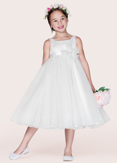 Azazie Lupine Flower Girl Dresses Diamond White Ball-Gown Sequins Matte Satin Dress image1